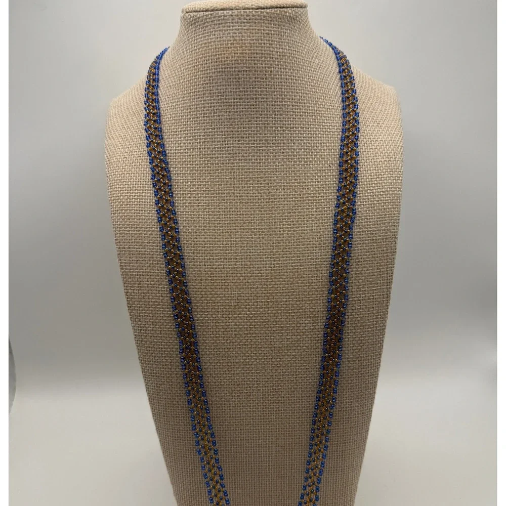 Blue Amber Seed Bead Tassel Lariat Necklace Boho Woven Statement Hippie Festival
